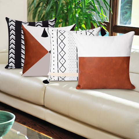 Japanese-style Faux Leather And Cotton Throw Pillow Covers