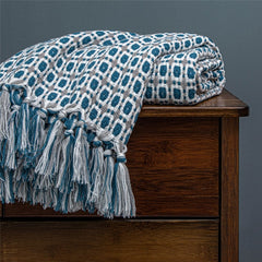 Nordic Diamond Knitted Throw Blanket with Tassels