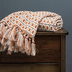 Nordic Diamond Knitted Throw Blanket with Tassels