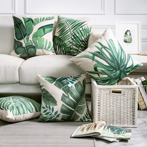 Green Tropical Leaves Printed Throw Pillow Cushion Cover