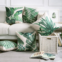 Green Tropical Leaves Printed Throw Pillow Cushion Cover