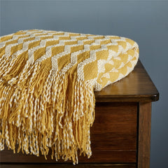 Nordic Diamond Knitted Throw Blanket with Tassels