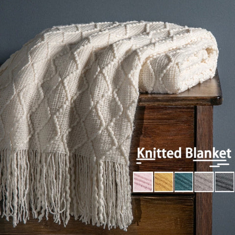 Nordic Diamond Knitted Throw Blanket with Tassels