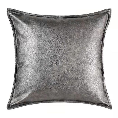 Silver & Metallic Tone Faux Leather Throw Pillow Cover